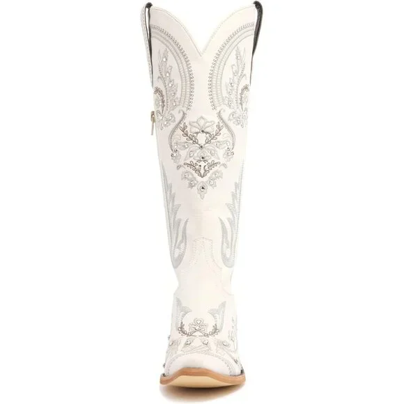 Women's Cream Leather Embroidered Rhinestones Pointed Toe Western Cowgirl Boots - Picture 4 of 7